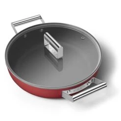 Smeg Sauteuse Aluminium Antiadhésive 28 Cm Rouge Mat Avec Couvercle En Verre Trempé